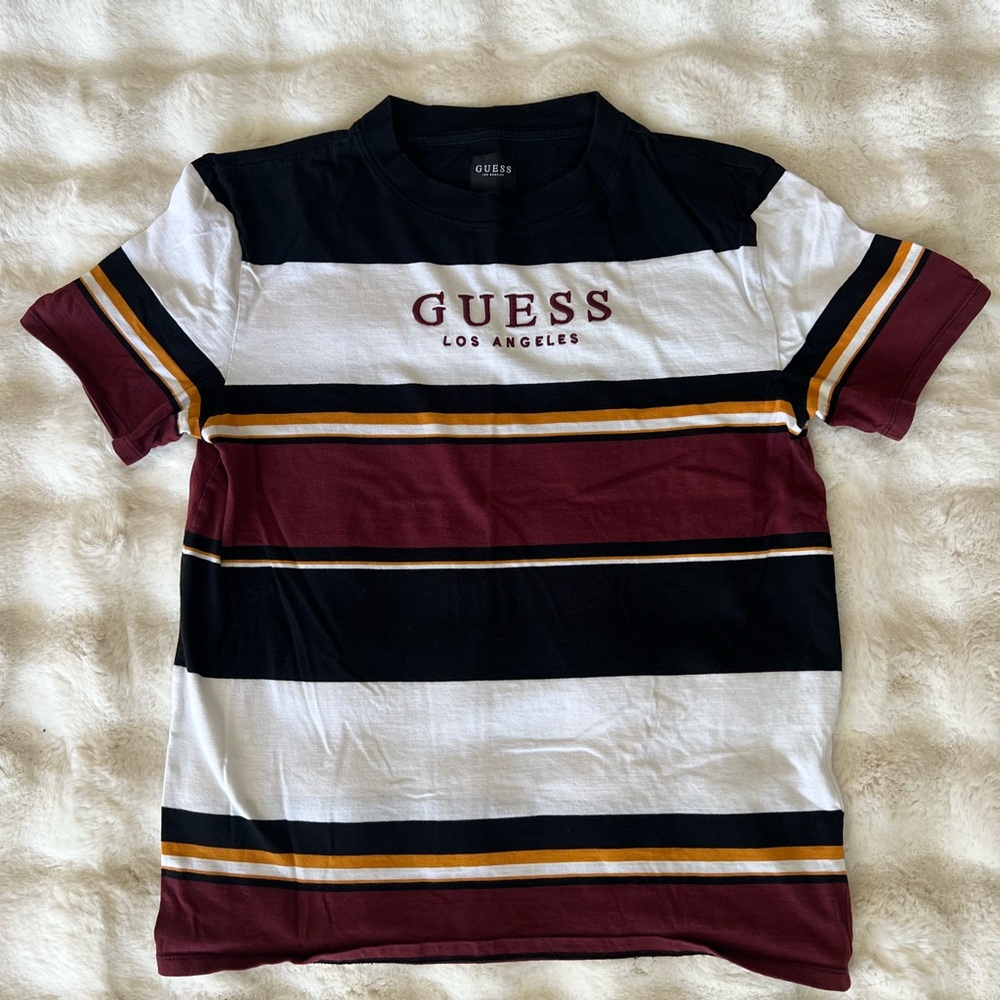 Guess Black and White Tee with Burgundy Logo